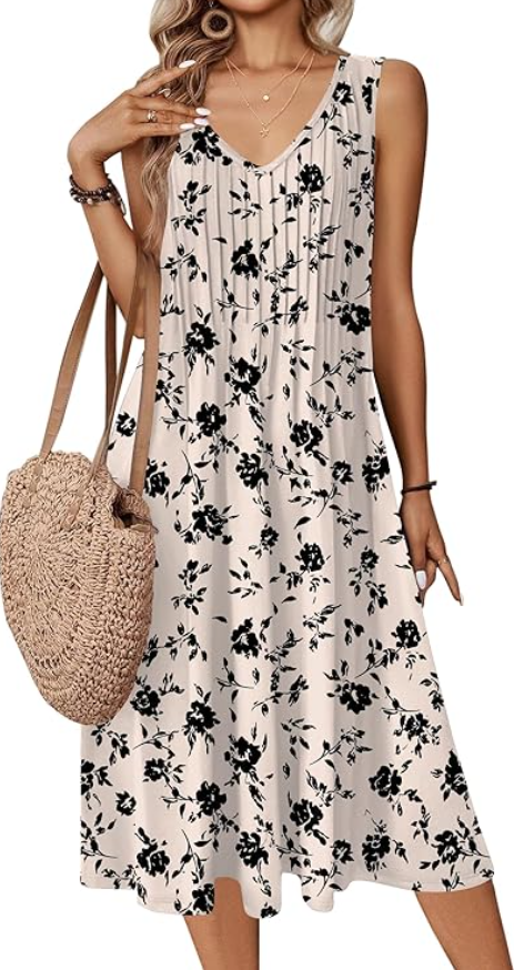 Women Summer Casual Dresses 2026 Sleeveless Midi Pleated Tank Sundress with Pockets V Neck A Line Swing Tshirt Dress